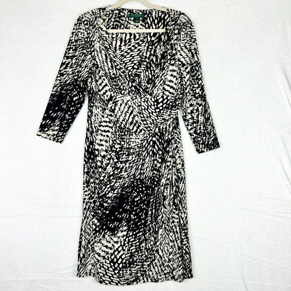 Lauren Ralph Lauren Ruched Faux Wrap Sheath Dress Size 10 Knee Length Abstract - Picture 1 of 7